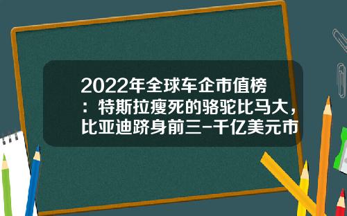 2022年全球车企市值榜：特斯拉瘦死的骆驼比马大，比亚迪跻身前三-千亿美元市值公司